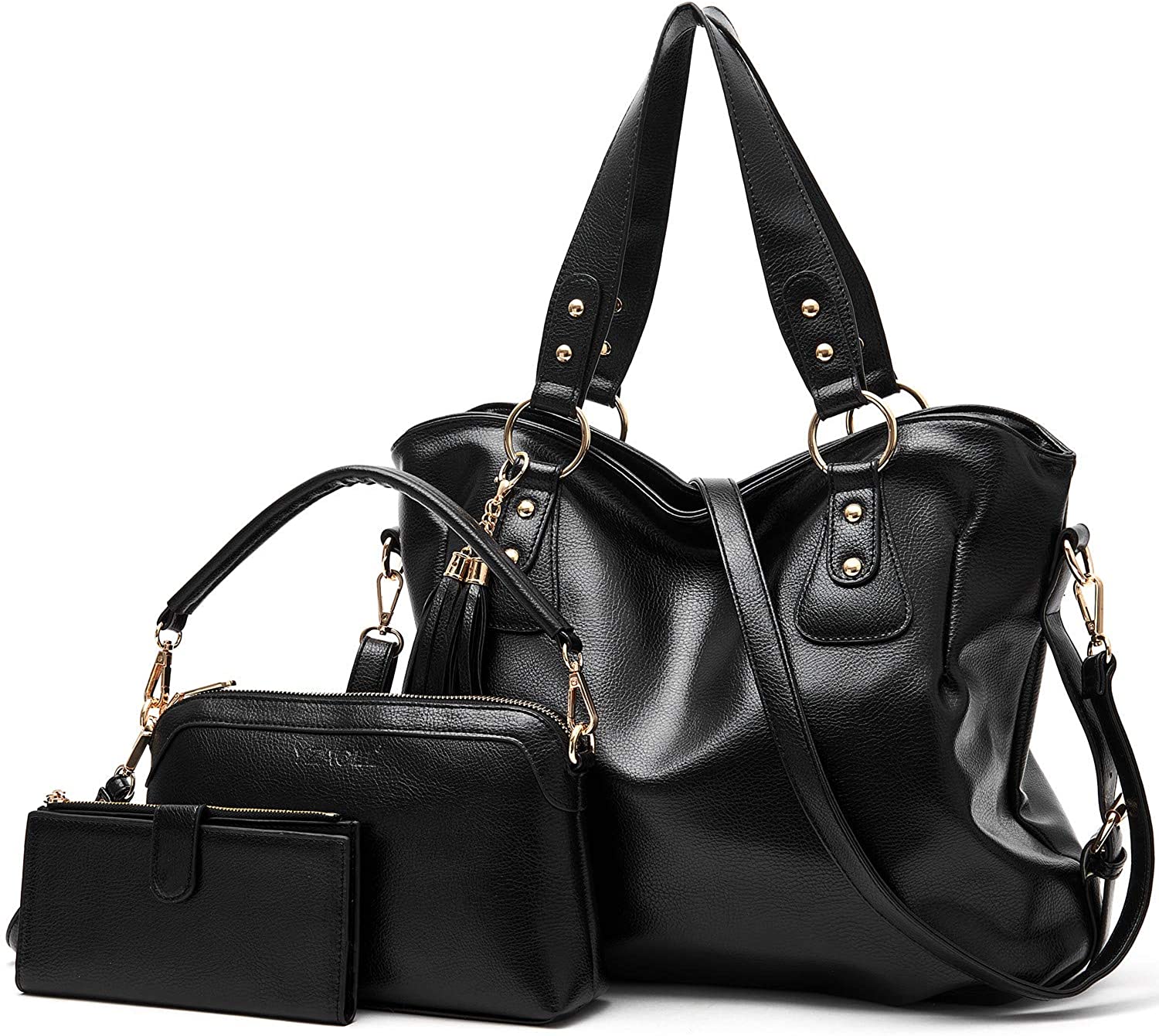 Price:$39.99    Purse and Wallet set for Women Large Hobo Bags Female Fashion Tote Shoulder Bags Crossbody Wallets Satchel Purse Set 3pcs Black  Clothing