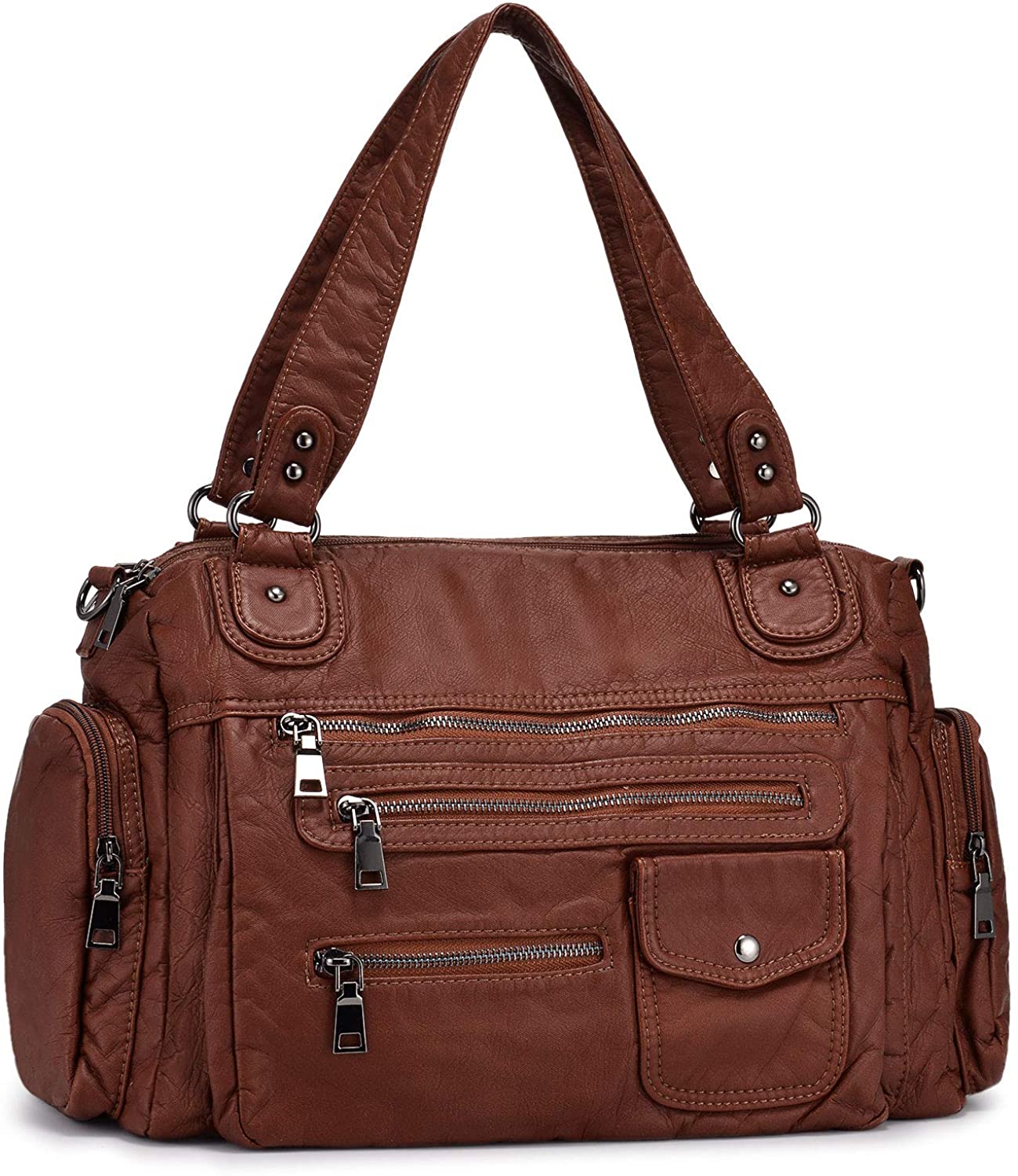 Price:$36.99    BAIGIO Women Tote Purses Roomy Washed Leather Bag Multiple Pockets Functional Satchel Large Shoulder Bags for Ladies (Brown)  Clothing