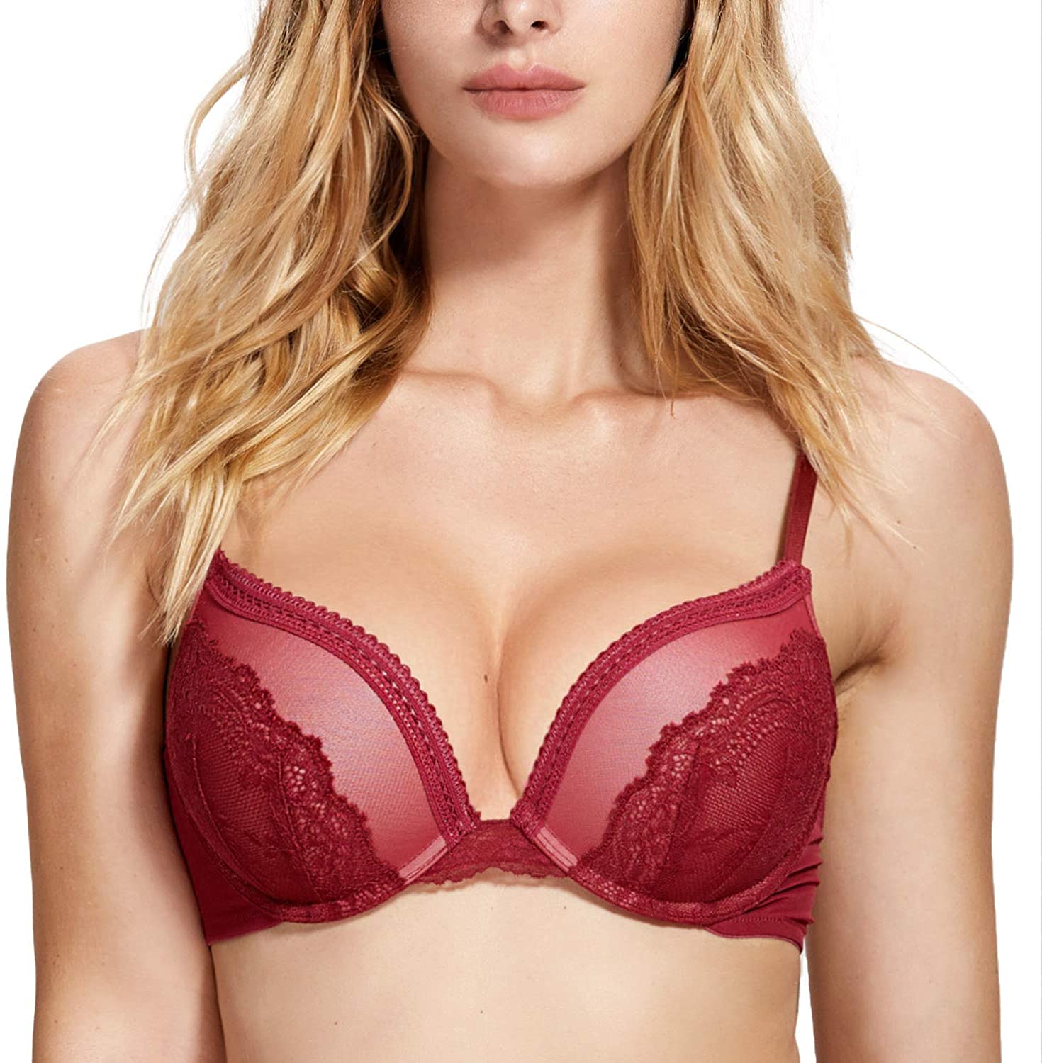Price:$19.99 DOBREVA Women's Lace Push Up Padded Bra Plus Size Sexy Plunge Lift Underwire Demi at Amazon Women’s Clothing store