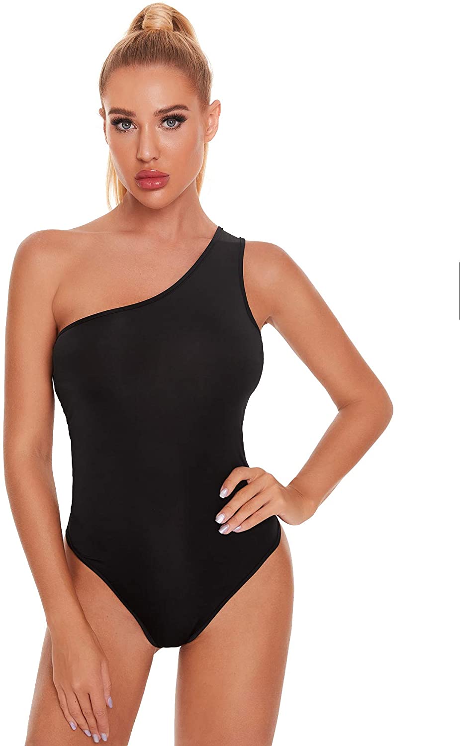 Price:$14.99 Verdusa Women's One Shoulder Sleeveless Leotard Thong Bodysuit Top at Amazon Women’s Clothing store