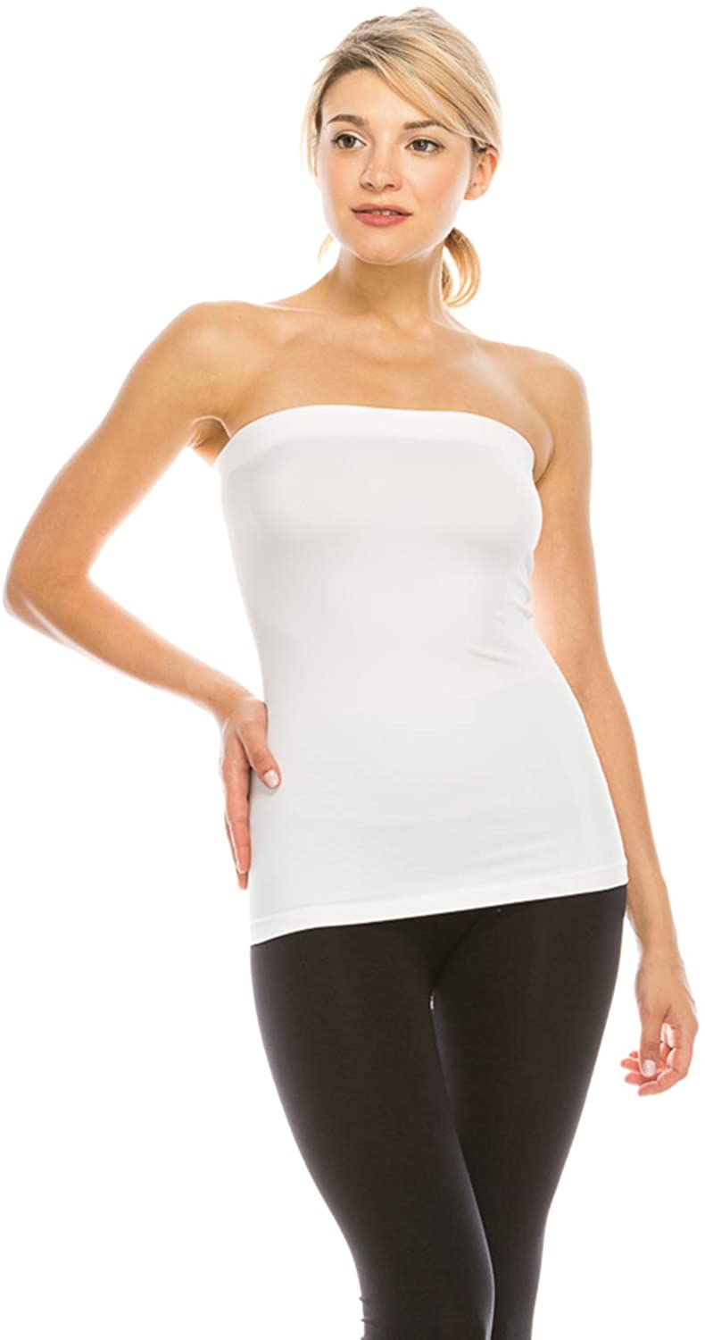 Price:$14.99 Seamless Bandeau Strapless Tube Tops - Women Off Shoulder Tubetop Convertible Pencil Skirts Stretch Made in USA (CS9023, White) at Amazon Women’s Clothing store