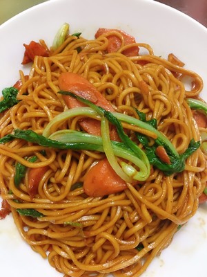 [quick worker eat] the practice measure of chow mien of green vegetables ham 9