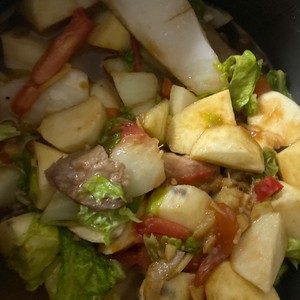 A bowl of practice measure that cooks a meal with respect to enough chop stew 4