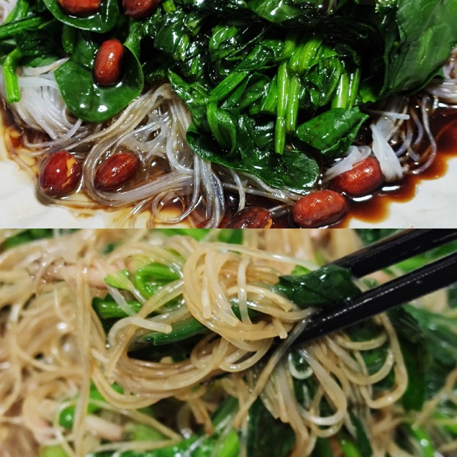 
Spinach of cold and dressed with sause of vermicelli made from bean starch, reduce the practice of dish of fat quick worker