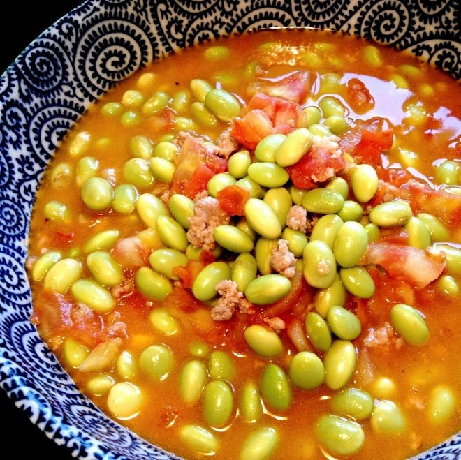 
Ground meat tomato burns the practice of young soya bean, how to do delicious