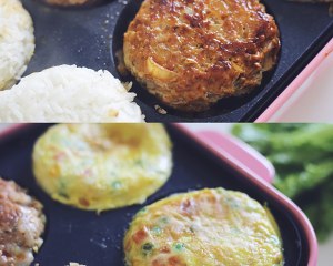 甘い豚卵6個のケーキのご飯のハンバーガーの練習対策