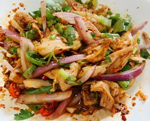 風邪をひき、ご飯と一緒にソーセージを着た手が鶏肉を裂く練習対策8
